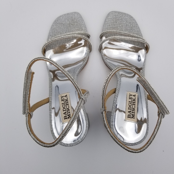 Badgley Mischka Firey Bejeweled Block Heel Sandals, Silver Glitter, Women's Sz 8 - Picture 11 of 16